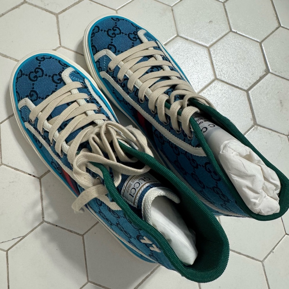 Gucci Teal/Blue Canvas Patterned High-Top Sneakers - Picture 6 of 16
